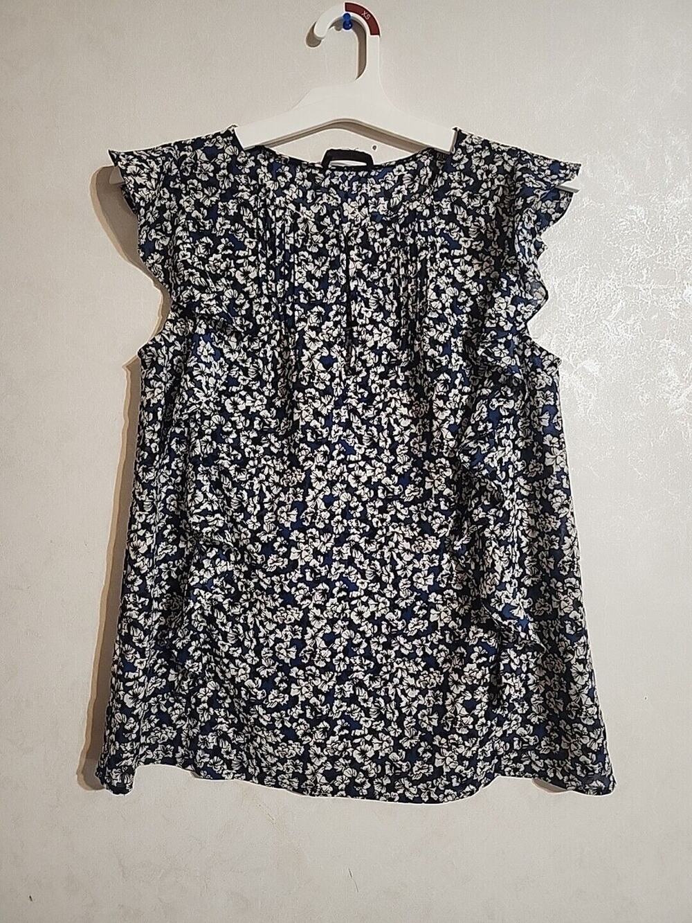 J.Crew Blouse Sleevless Ruffle V-Neck Blue Floral Pleated Front SEE MEASUREMENT